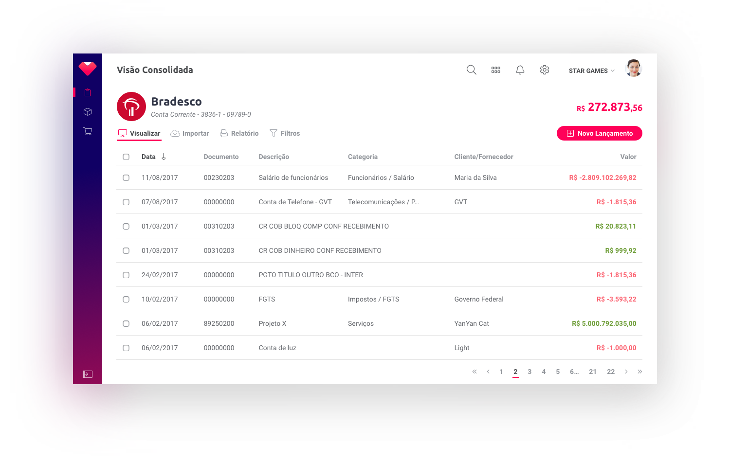 Interface of Nexaas Myfinance with whitelabel.